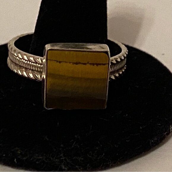 RING STERLING SILVER TIGER EYE STONE BROWN SQUARE CABLE SHANK SIZE 12 - Picture 5 of 9